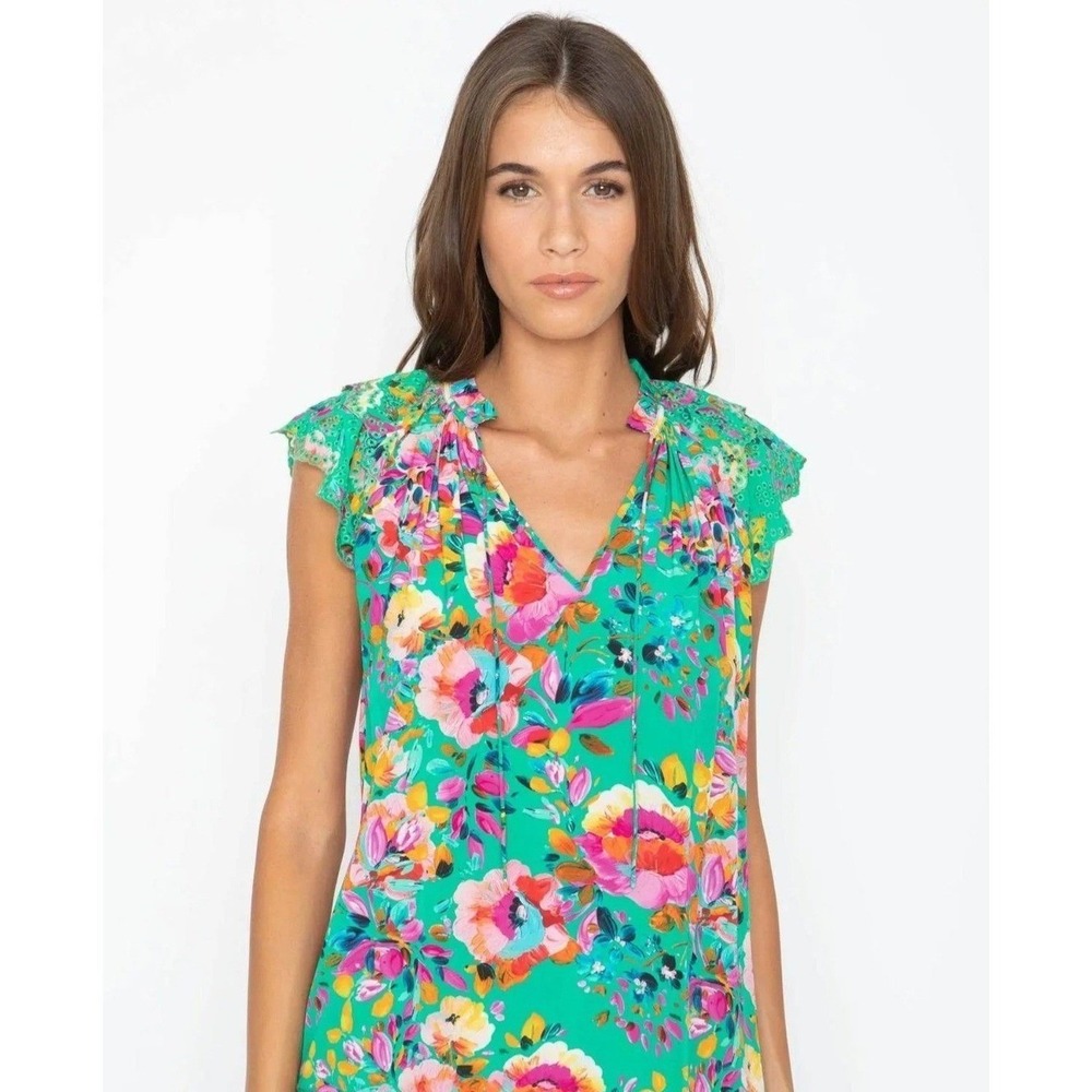 Caballero Floral Blouse Womens Small Green Pink Eyelet Flutter Sleeve Boho Top